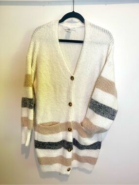 Cozy Soft Striped Cream Button-Front Oversized Long Cardigan